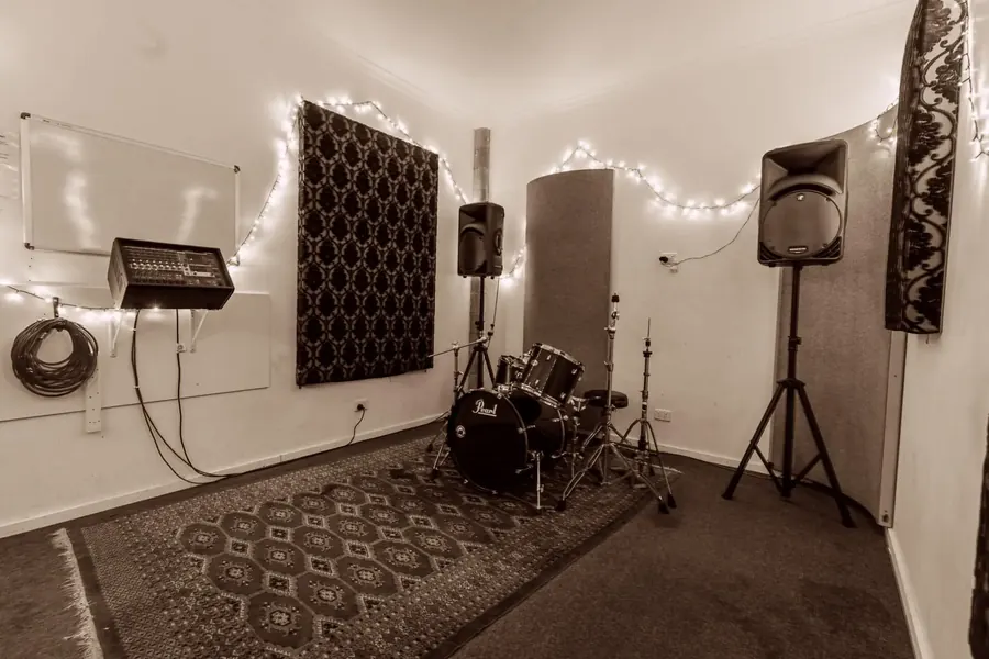 Rehearsal Room 2 at Thebarton: drum kit, PA and treated walls