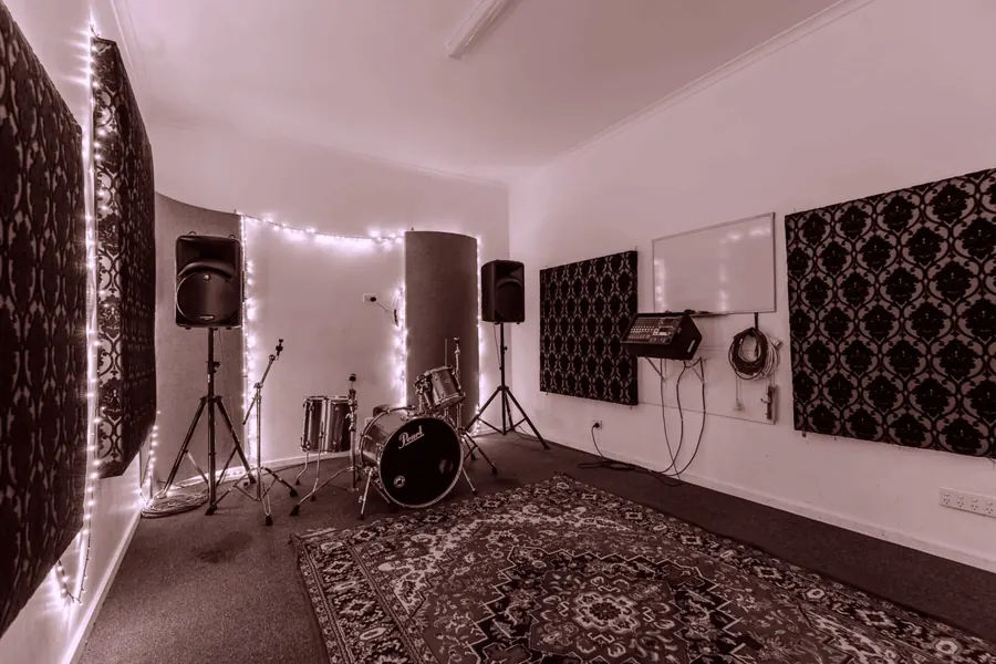 Rehearsal Room 3 at Thebarton: drum kit, PA and treated walls