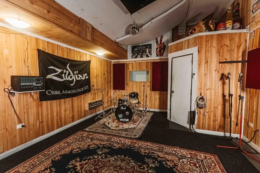 Rehearsal Room 5 at Thebarton: drum kit, PA and treated walls